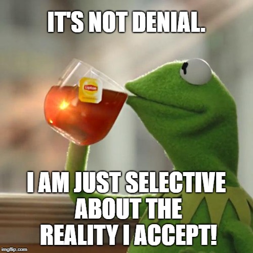 But That's None Of My Business Meme | IT'S NOT DENIAL. I AM JUST SELECTIVE ABOUT THE REALITY I ACCEPT! | image tagged in memes,but thats none of my business,kermit the frog | made w/ Imgflip meme maker