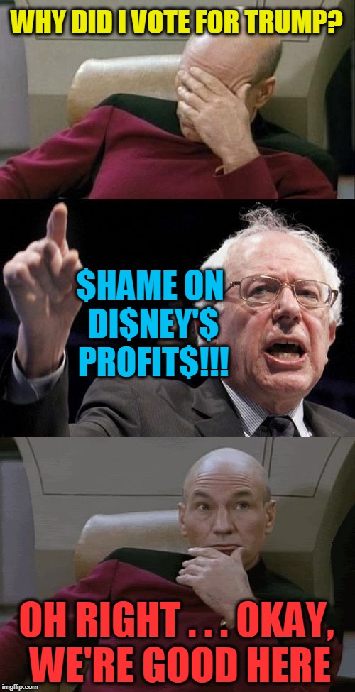 Pensive Picard | WHY DID I VOTE FOR TRUMP? $HAME ON DI$NEY'$ PROFIT$!!! OH RIGHT . . . OKAY, WE'RE GOOD HERE | image tagged in picard bernie | made w/ Imgflip meme maker