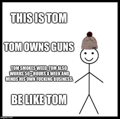 Be Like Bill Meme | THIS IS TOM; TOM OWNS GUNS; TOM SMOKES WEED, TOM ALSO WORKS 50+ HOURS A WEEK AND MINDS HIS OWN FUCKING BUSINESS. BE LIKE TOM | image tagged in memes,be like bill | made w/ Imgflip meme maker