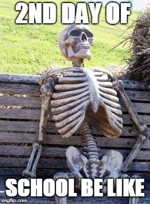 Waiting Skeleton Meme | 2ND DAY OF; SCHOOL BE LIKE | image tagged in memes,waiting skeleton | made w/ Imgflip meme maker