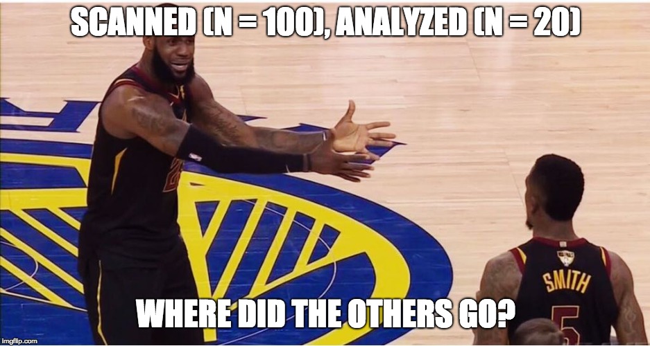 lebron james + jr smith | SCANNED (N = 100), ANALYZED (N = 20); WHERE DID THE OTHERS GO? | image tagged in lebron james  jr smith | made w/ Imgflip meme maker