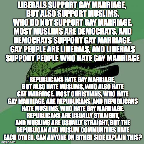 I mean, as a liberal, I'm a little confused myself. | LIBERALS SUPPORT GAY MARRIAGE, BUT ALSO SUPPORT MUSLIMS, WHO DO NOT SUPPORT GAY MARRIAGE. MOST MUSLIMS ARE DEMOCRATS, AND DEMOCRATS SUPPORT GAY MARRIAGE. GAY PEOPLE ARE LIBERALS, AND LIBERALS SUPPORT PEOPLE WHO HATE GAY MARRIAGE; REPUBLICANS HATE GAY MARRIAGE, BUT ALSO HATE MUSLIMS, WHO ALSO HATE GAY MARRIAGE. MOST CHRISTIANS, WHO HATE GAY MARRIAGE, ARE REPUBLICANS, AND REPUBLICANS HATE MUSLIMS, WHO HATE GAY MARRIAGE. REPUBLICANS ARE USUALLY STRAIGHT, AND MUSLIMS ARE USUALLY STRAIGHT, BUT THE REPUBLICAN AND MUSLIM COMMUNITIES HATE EACH OTHER. CAN ANYONE ON EITHER SIDE EXPLAIN THIS? | image tagged in memes,philosoraptor,liberal vs conservative,liberals vs conservatives,democrat,republicans | made w/ Imgflip meme maker