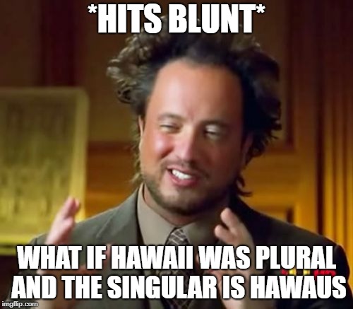 Ancient Aliens | *HITS BLUNT*; WHAT IF HAWAII WAS PLURAL AND THE SINGULAR IS HAWAUS | image tagged in memes,ancient aliens | made w/ Imgflip meme maker