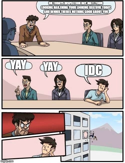Boardroom Meeting Suggestion | OK TODAYS INSPECTION DAY, MATT YOUR LOOKING HAR,EMMA YOUR LOOKING BEATIFUL TODAY, AND DENNIS THERES NOTHING GOOD ABOUT YOU; YAY; YAY; IDC | image tagged in memes,boardroom meeting suggestion | made w/ Imgflip meme maker
