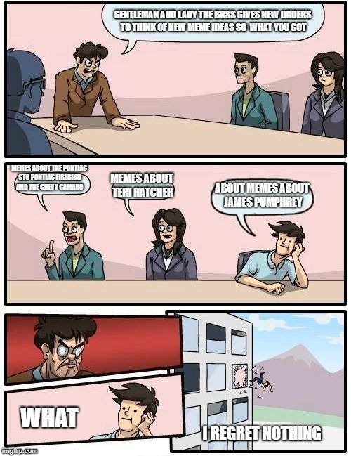 Boardroom Meeting Suggestion | GENTLEMAN AND LADY THE BOSS GIVES NEW ORDERS TO THINK OF NEW MEME IDEAS SO  WHAT YOU GOT; MEMES ABOUT THE PONTIAC GTO PONTIAC FIREBIRD AND THE CHEVY CAMARO; MEMES ABOUT TERI HATCHER; ABOUT MEMES ABOUT JAMES PUMPHREY; WHAT; I REGRET NOTHING | image tagged in memes,boardroom meeting suggestion | made w/ Imgflip meme maker