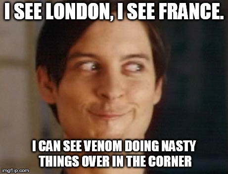 Spiderman Peter Parker Meme | I SEE LONDON, I SEE FRANCE. I CAN SEE VENOM DOING NASTY THINGS OVER IN THE CORNER | image tagged in memes,spiderman peter parker | made w/ Imgflip meme maker