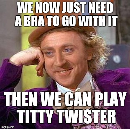 Creepy Condescending Wonka Meme | WE NOW JUST NEED A BRA TO GO WITH IT THEN WE CAN PLAY TITTY TWISTER | image tagged in memes,creepy condescending wonka | made w/ Imgflip meme maker