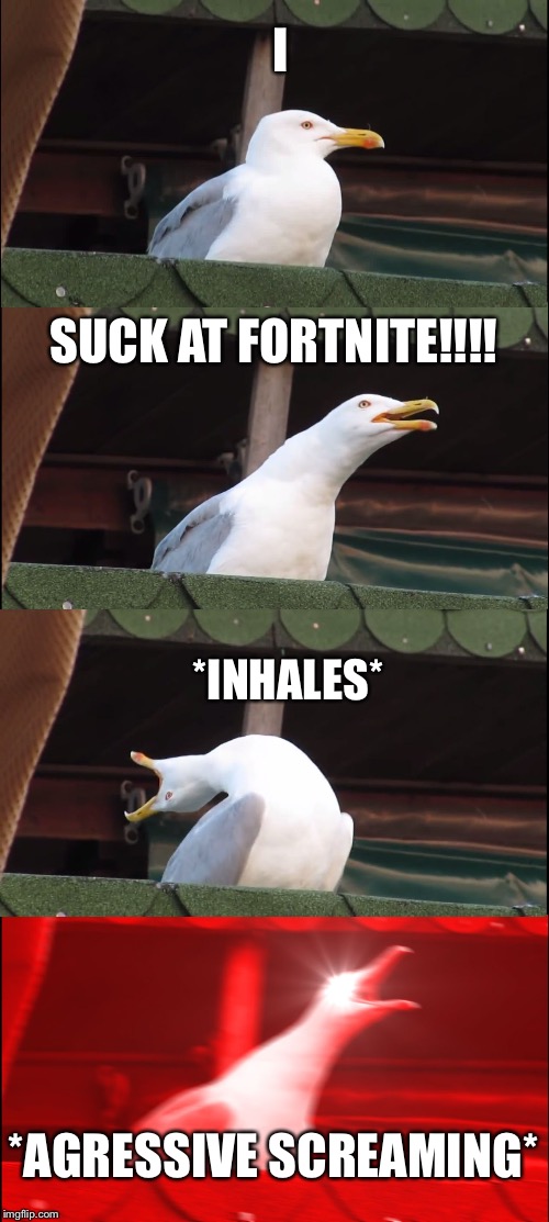 Inhaling Seagull Meme | I; SUCK AT FORTNITE!!!! *INHALES*; *AGRESSIVE SCREAMING* | image tagged in memes,inhaling seagull | made w/ Imgflip meme maker