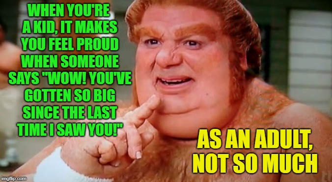 Unless ... you know.... | WHEN YOU'RE A KID, IT MAKES YOU FEEL PROUD WHEN SOMEONE SAYS "WOW! YOU'VE GOTTEN SO BIG SINCE THE LAST TIME I SAW YOU!"; AS AN ADULT, NOT SO MUCH | image tagged in fat,memes,funny,i love bacon | made w/ Imgflip meme maker