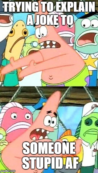 Put It Somewhere Else Patrick | TRYING TO EXPLAIN A JOKE TO; SOMEONE STUPID AF | image tagged in memes,put it somewhere else patrick | made w/ Imgflip meme maker