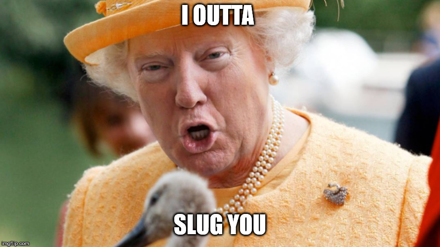 Tough Trump | I OUTTA; SLUG YOU | image tagged in queen trump,donald trump,donald trump bully,trump sucks,republicans | made w/ Imgflip meme maker