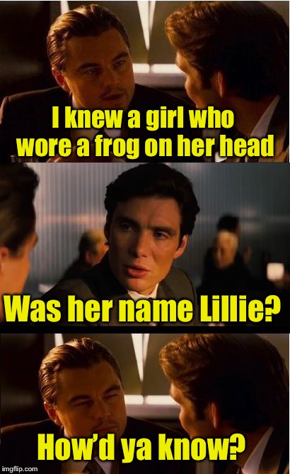 My 1st Frog Week submission | I knew a girl who wore a frog on her head; Was her name Lillie? How’d ya know? | image tagged in memes,inception,frog week,frog,lilly pad,bad pun | made w/ Imgflip meme maker