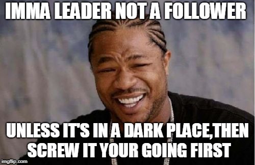 Yo Dawg Heard You Meme | IMMA LEADER NOT A FOLLOWER; UNLESS IT'S IN A DARK PLACE,THEN SCREW IT YOUR GOING FIRST | image tagged in memes,yo dawg heard you | made w/ Imgflip meme maker