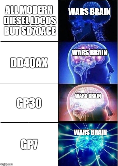 Expanding Brain | ALL MODERN DIESEL LOCOS BUT SD70ACE; WARS BRAIN; DD40AX; WARS BRAIN; GP30; WARS BRAIN; WARS BRAIN; GP7 | image tagged in memes,expanding brain | made w/ Imgflip meme maker