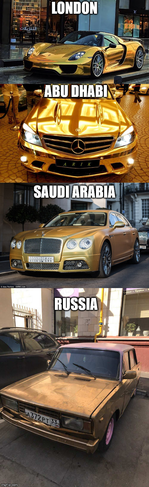 From the "All That Glitters Is Not Gold" file... | LONDON; ABU DHABI; SAUDI ARABIA; RUSSIA | image tagged in cars,gold exteriors,countries | made w/ Imgflip meme maker