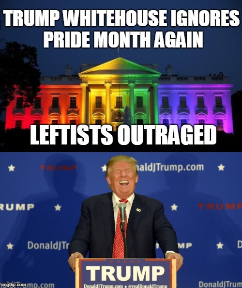 Untitled  | TRUMP WHITEHOUSE IGNORES PRIDE MONTH AGAIN; LEFTISTS OUTRAGED | image tagged in whitehouse,laughing trump,outrage,gay pride,gay pride flag,memes | made w/ Imgflip meme maker