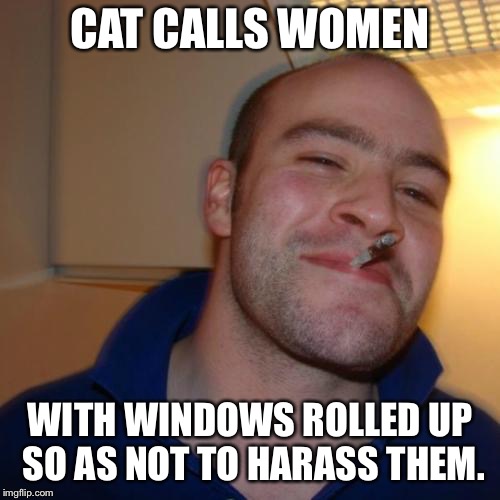 Good Guy Greg Meme | CAT CALLS WOMEN; WITH WINDOWS ROLLED UP SO AS NOT TO HARASS THEM. | image tagged in memes,good guy greg | made w/ Imgflip meme maker