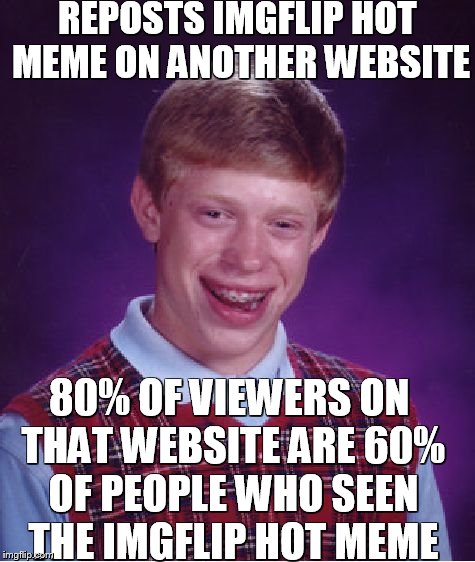 Failed to repost | REPOSTS IMGFLIP HOT MEME ON ANOTHER WEBSITE; 80% OF VIEWERS ON THAT WEBSITE ARE 60% OF PEOPLE WHO SEEN THE IMGFLIP HOT MEME | image tagged in memes,bad luck brian,reposts | made w/ Imgflip meme maker