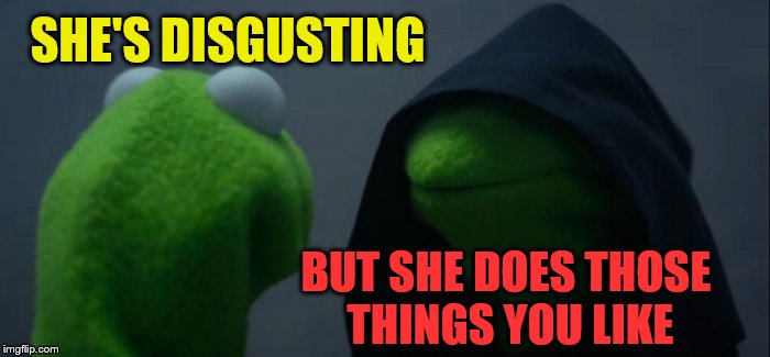 Evil Kermit Meme | SHE'S DISGUSTING BUT SHE DOES THOSE THINGS YOU LIKE | image tagged in memes,evil kermit | made w/ Imgflip meme maker