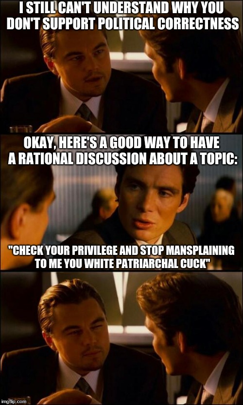 Tonight's Episode: A Rational Discussion in Favor of Political Correctness | I STILL CAN'T UNDERSTAND WHY YOU DON'T SUPPORT POLITICAL CORRECTNESS; OKAY, HERE'S A GOOD WAY TO HAVE A RATIONAL DISCUSSION ABOUT A TOPIC:; "CHECK YOUR PRIVILEGE AND STOP MANSPLAINING TO ME YOU WHITE PATRIARCHAL CUCK" | image tagged in di caprio inception,political correctness,mansplaining,discussion,privilege,memes | made w/ Imgflip meme maker