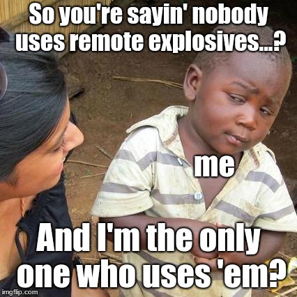 Fortnite RE | So you're sayin' nobody uses remote explosives...? me; And I'm the only one who uses 'em? | image tagged in memes,third world skeptical kid | made w/ Imgflip meme maker