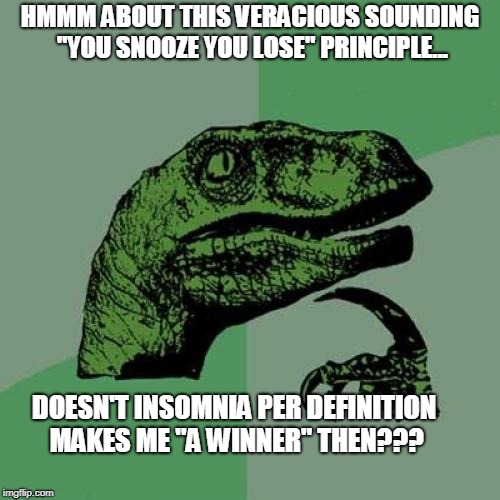Philosoraptor Meme | HMMM ABOUT THIS VERACIOUS SOUNDING "YOU SNOOZE YOU LOSE" PRINCIPLE... DOESN'T INSOMNIA PER DEFINITION           
MAKES ME "A WINNER" THEN??? | image tagged in memes,philosoraptor | made w/ Imgflip meme maker