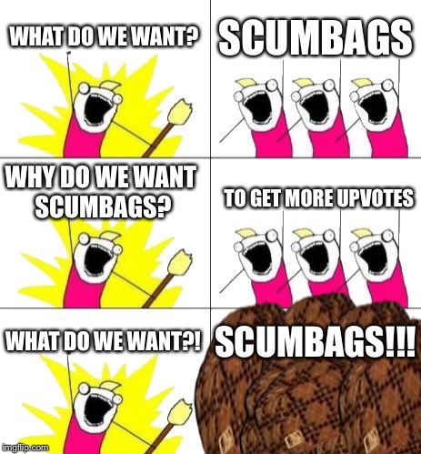 What Do We Want 3 | WHAT DO WE WANT? SCUMBAGS; WHY DO WE WANT SCUMBAGS? TO GET MORE UPVOTES; WHAT DO WE WANT?! SCUMBAGS!!! | image tagged in memes,what do we want 3,scumbag | made w/ Imgflip meme maker