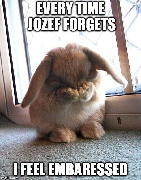 embarrassed bunny | EVERY TIME JOZEF FORGETS; I FEEL EMBARESSED | image tagged in embarrassed bunny | made w/ Imgflip meme maker