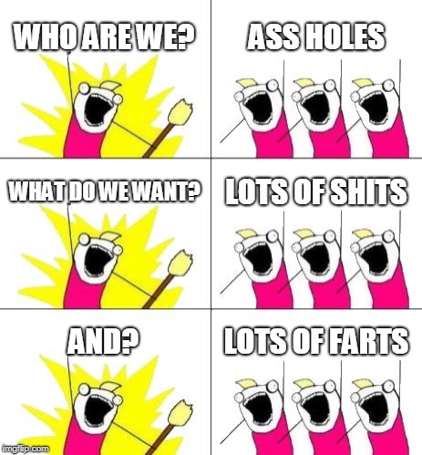 What Do We Want 3 | WHO ARE WE? ASS HOLES; WHAT DO WE WANT? LOTS OF SHITS; AND? LOTS OF FARTS | image tagged in memes,what do we want 3 | made w/ Imgflip meme maker
