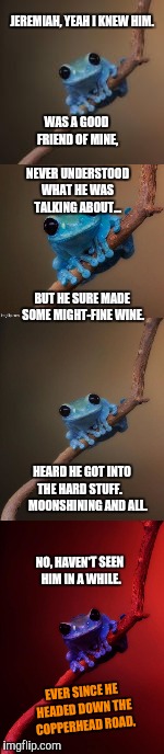 Joy to the World (Frog Week June 4-10, a JBmemegeek & giveuahint event!) | JEREMIAH, YEAH I KNEW HIM. WAS A GOOD FRIEND OF MINE,            NEVER UNDERSTOOD WHAT HE WAS TALKING ABOUT... BUT HE SURE MADE SOME MIGHT-FINE WINE. HEARD HE GOT INTO THE HARD STUFF.        MOONSHINING AND ALL. NO, HAVEN'T SEEN HIM IN A WHILE. EVER SINCE HE HEADED DOWN THE COPPERHEAD ROAD. | image tagged in joy to the world,three dog night,frog week,copperhead road,steve earle | made w/ Imgflip meme maker