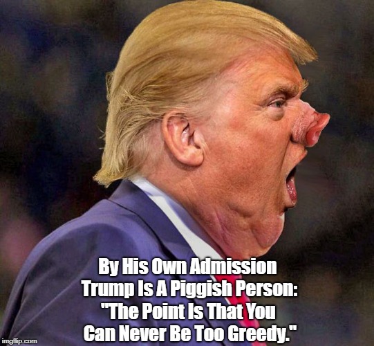 "By His Own Admission Trump Is A Piggish Person" | By His Own Admission Trump Is A Piggish Person:; "The Point Is That You Can Never Be Too Greedy." | image tagged in greed,seven deadly sins,deplorable donald,detestable donald,despicable donald,devious donald | made w/ Imgflip meme maker