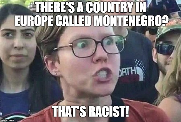 A part of the former Yugoslavia | THERE'S A COUNTRY IN EUROPE CALLED MONTENEGRO? THAT'S RACIST! | image tagged in triggered liberal,memes,montenegro | made w/ Imgflip meme maker