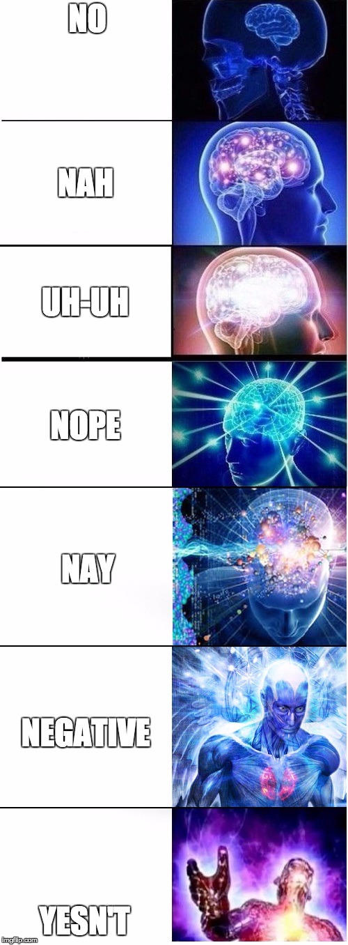 Expanding brain extended 2 | NO; NAH; UH-UH; NOPE; NAY; NEGATIVE; YESN'T | image tagged in expanding brain extended 2 | made w/ Imgflip meme maker