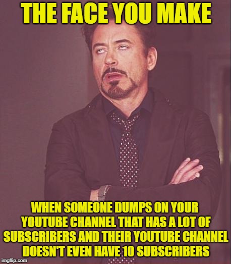Face You Make | THE FACE YOU MAKE; WHEN SOMEONE DUMPS ON YOUR YOUTUBE CHANNEL THAT HAS A LOT OF SUBSCRIBERS AND THEIR YOUTUBE CHANNEL DOESN'T EVEN HAVE 10 SUBSCRIBERS | image tagged in memes,face you make robert downey jr,doctordoomsday180,youtube,subscriber,hypocrite | made w/ Imgflip meme maker