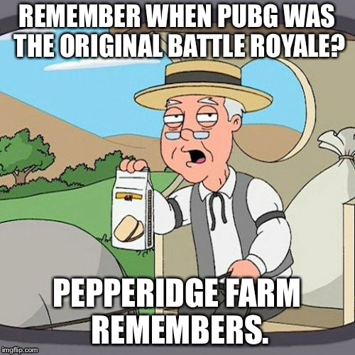 Pepperidge Farm Remembers | REMEMBER WHEN PUBG WAS THE ORIGINAL BATTLE ROYALE? PEPPERIDGE FARM REMEMBERS. | image tagged in memes,pepperidge farm remembers | made w/ Imgflip meme maker