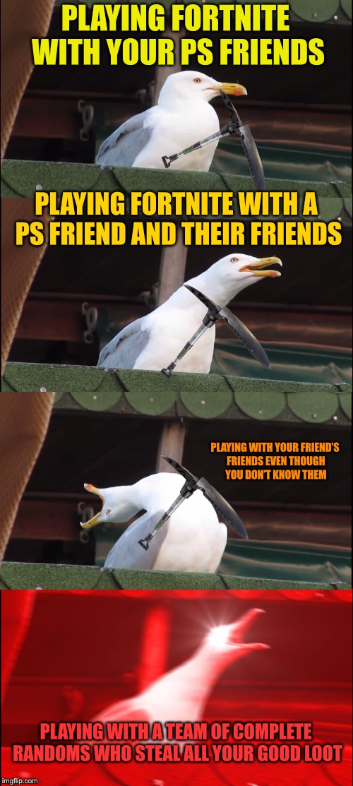 Inhaling Seagull Meme | PLAYING FORTNITE WITH YOUR PS FRIENDS; PLAYING FORTNITE WITH A PS FRIEND AND THEIR FRIENDS; PLAYING WITH YOUR FRIEND’S FRIENDS EVEN THOUGH YOU DON’T KNOW THEM; PLAYING WITH A TEAM OF COMPLETE RANDOMS WHO STEAL ALL YOUR GOOD LOOT | image tagged in memes,inhaling seagull | made w/ Imgflip meme maker