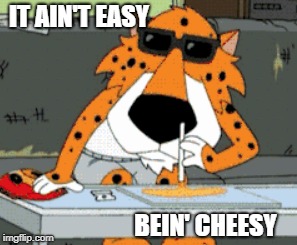 It ain't easy bein' cheesy |  IT AIN'T EASY; BEIN' CHEESY | image tagged in chester cheetah,seth macfarlane,cheetos | made w/ Imgflip meme maker