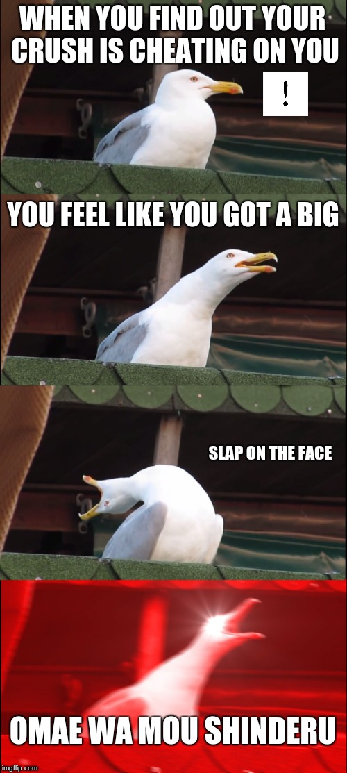 Inhaling Seagull Meme | WHEN YOU FIND OUT YOUR CRUSH IS CHEATING ON YOU; YOU FEEL LIKE YOU GOT A BIG; SLAP ON THE FACE; OMAE WA MOU SHINDERU | image tagged in memes,inhaling seagull | made w/ Imgflip meme maker