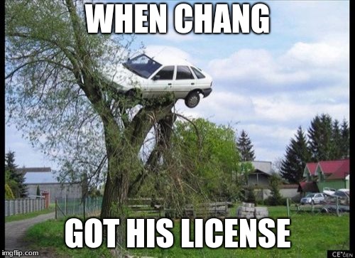 Secure Parking Meme | WHEN CHANG; GOT HIS LICENSE | image tagged in memes,secure parking,china,bad drivers,tree,car crash | made w/ Imgflip meme maker