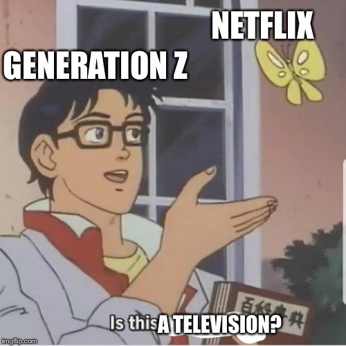 Butterfly man | NETFLIX; GENERATION Z; A TELEVISION? | image tagged in butterfly man | made w/ Imgflip meme maker