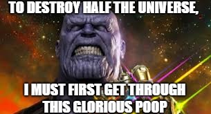 Thanos' Glorious Poop To Victory | TO DESTROY HALF THE UNIVERSE, I MUST FIRST GET THROUGH THIS GLORIOUS POOP | image tagged in poop,thanos | made w/ Imgflip meme maker