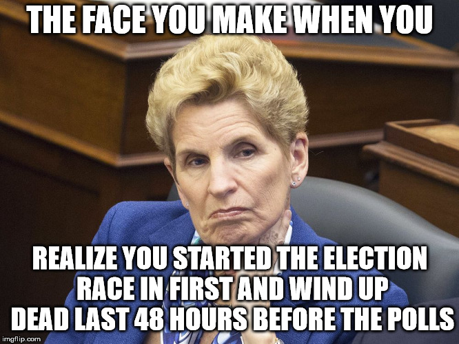 KATHLEEN WYNNE | THE FACE YOU MAKE WHEN YOU; REALIZE YOU STARTED THE ELECTION RACE IN FIRST AND WIND UP DEAD LAST 48 HOURS BEFORE THE POLLS | image tagged in kathleen wynne | made w/ Imgflip meme maker