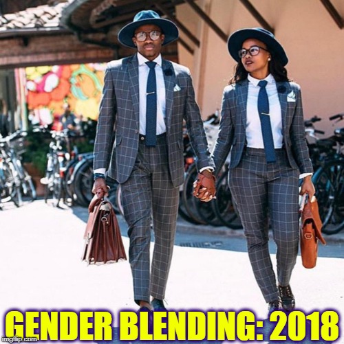 Dressing for Success  -as a couple | GENDER BLENDING: 2018 | image tagged in vince vance,matching suits,expensive leather briefcase,fashion,2 genders,gender blender | made w/ Imgflip meme maker