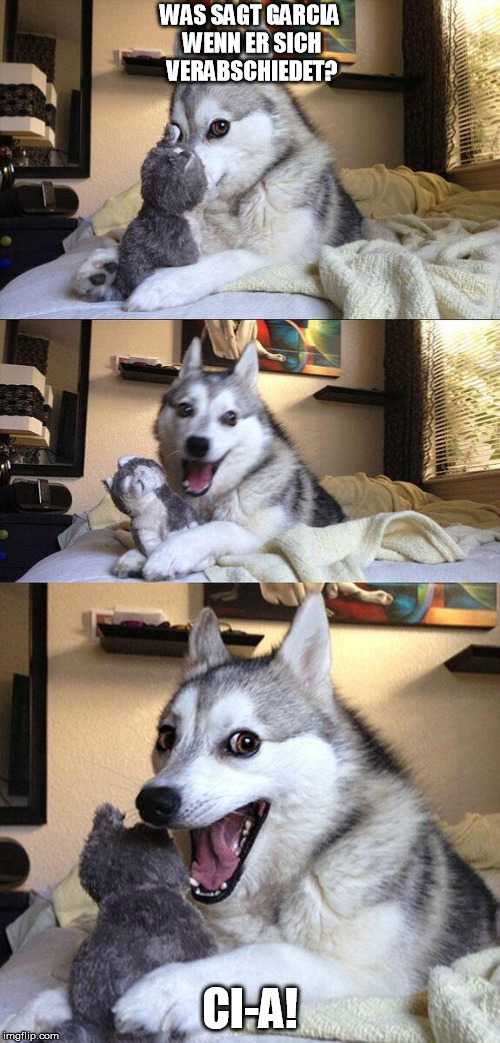 Bad Pun Dog | WAS SAGT GARCIA WENN ER SICH VERABSCHIEDET? CI-A! | image tagged in bad pun dog | made w/ Imgflip meme maker