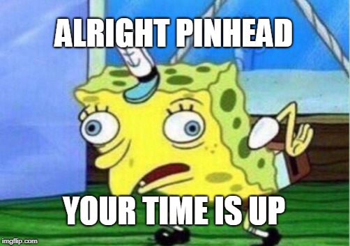 Mocking Spongebob Meme | ALRIGHT PINHEAD; YOUR TIME IS UP | image tagged in memes,mocking spongebob | made w/ Imgflip meme maker