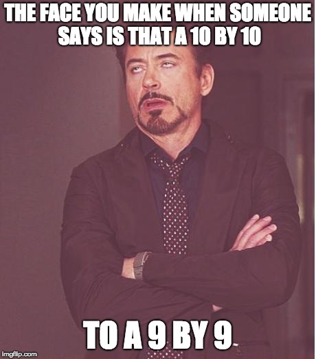 Face You Make Robert Downey Jr Meme | THE FACE YOU MAKE WHEN SOMEONE SAYS IS THAT A 10 BY 10; TO A 9 BY 9 | image tagged in memes,face you make robert downey jr | made w/ Imgflip meme maker