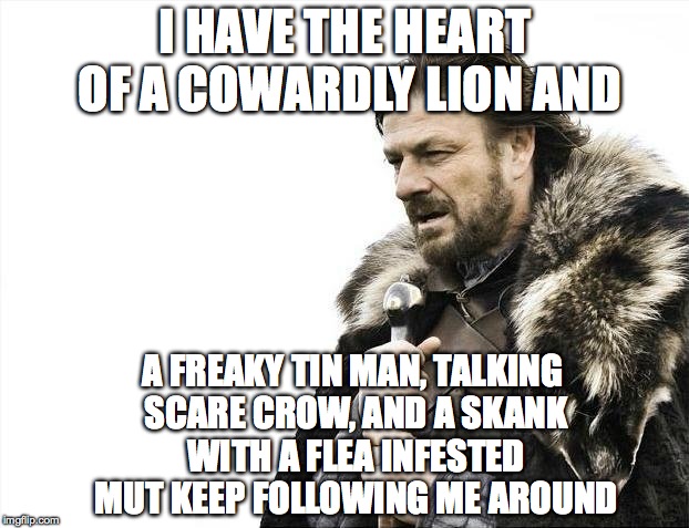 Brace Yourselves X is Coming Meme | I HAVE THE HEART OF A COWARDLY LION AND A FREAKY TIN MAN, TALKING SCARE CROW, AND A SKANK WITH A FLEA INFESTED MUT KEEP FOLLOWING ME AROUND | image tagged in memes,brace yourselves x is coming | made w/ Imgflip meme maker