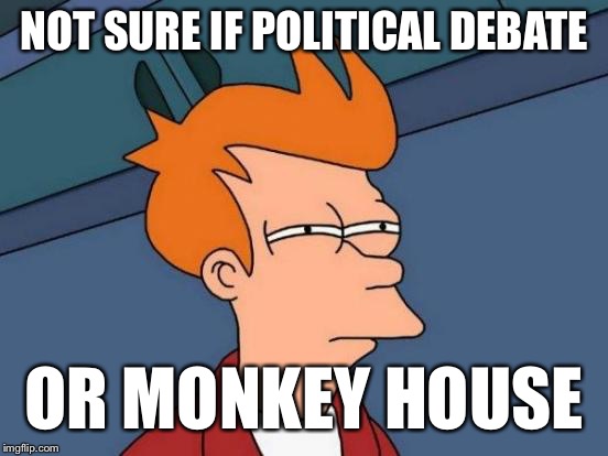 Futurama Fry Meme | NOT SURE IF POLITICAL DEBATE; OR MONKEY HOUSE | image tagged in memes,futurama fry | made w/ Imgflip meme maker