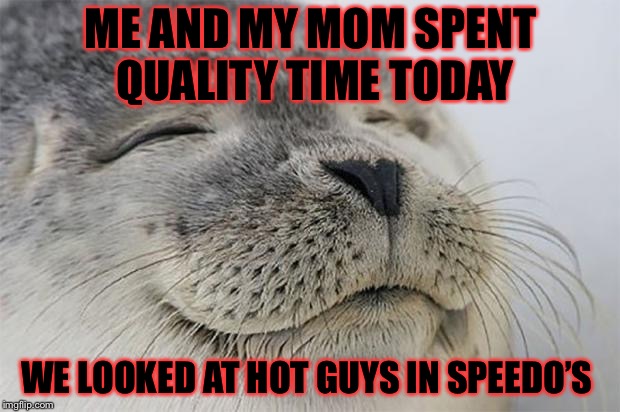 It was some good ol’ quality Mother, Daughter bonding! | ME AND MY MOM SPENT QUALITY TIME TODAY; WE LOOKED AT HOT GUYS IN SPEEDO’S | image tagged in memes,satisfied seal,meme,masqurade_,hot guy,mom | made w/ Imgflip meme maker
