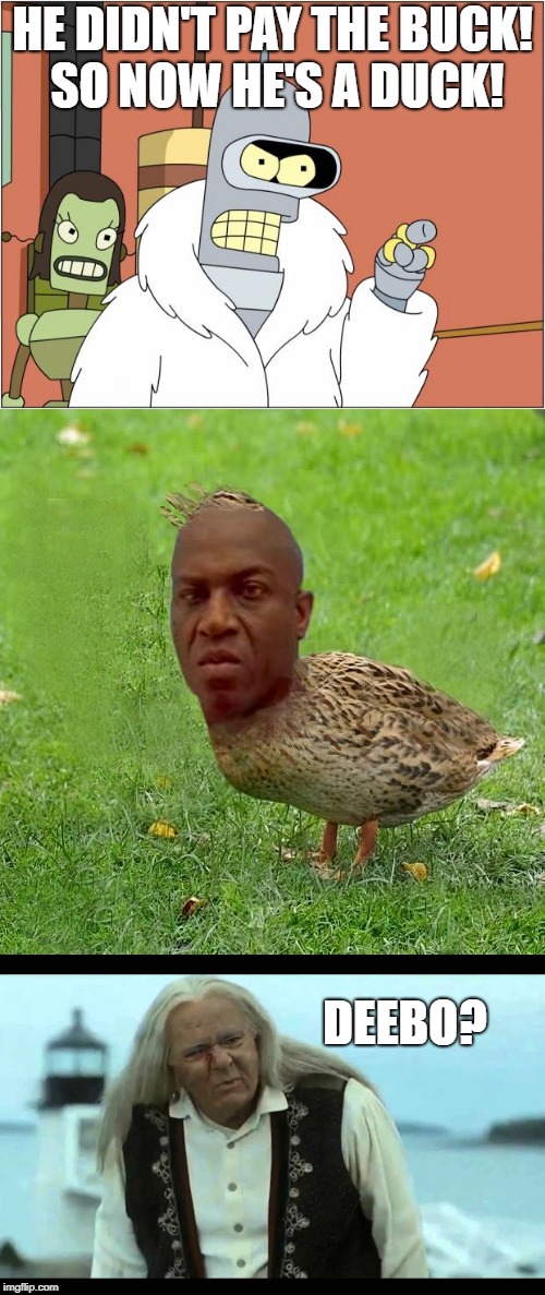 What did you do? | HE DIDN'T PAY THE BUCK! SO NOW HE'S A DUCK! DEEBO? | image tagged in bender,deebo duck,gyspy man from town,thinner,friday,40 homey | made w/ Imgflip meme maker